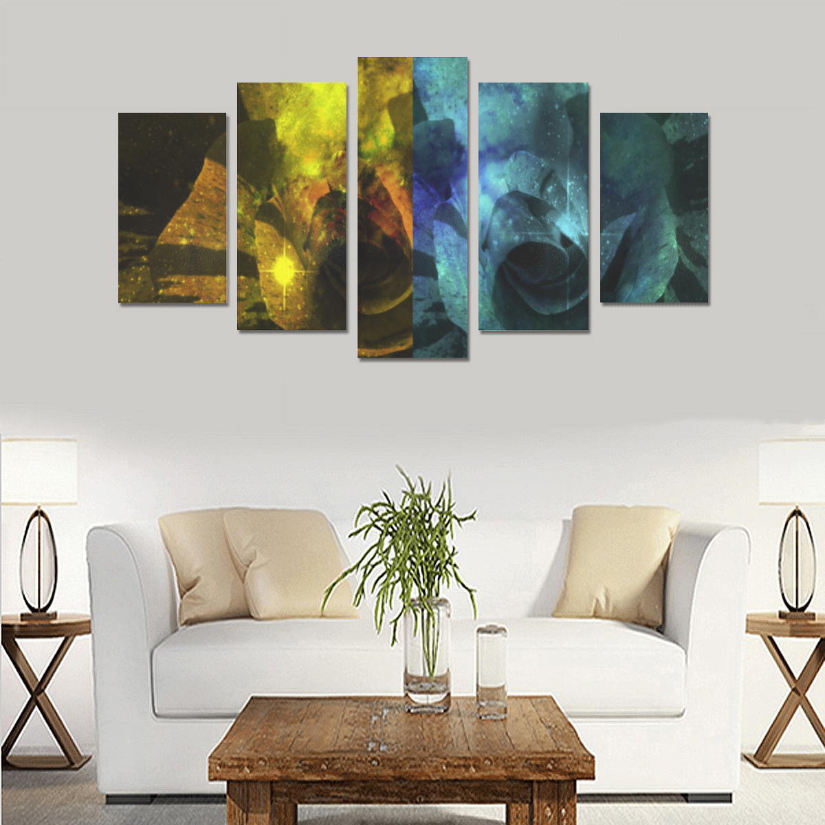 Yellow and Blue Sparkling Rose Canvas Print Sets A (No Frame)