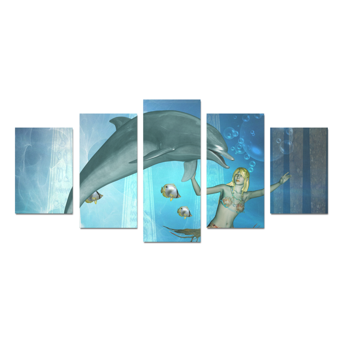 Underwater, dolphin with mermaid Canvas Print Sets D (No Frame)