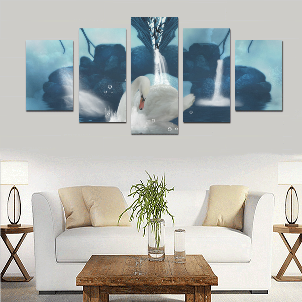 Beautiful swan with waterfalls Canvas Print Sets D (No Frame)