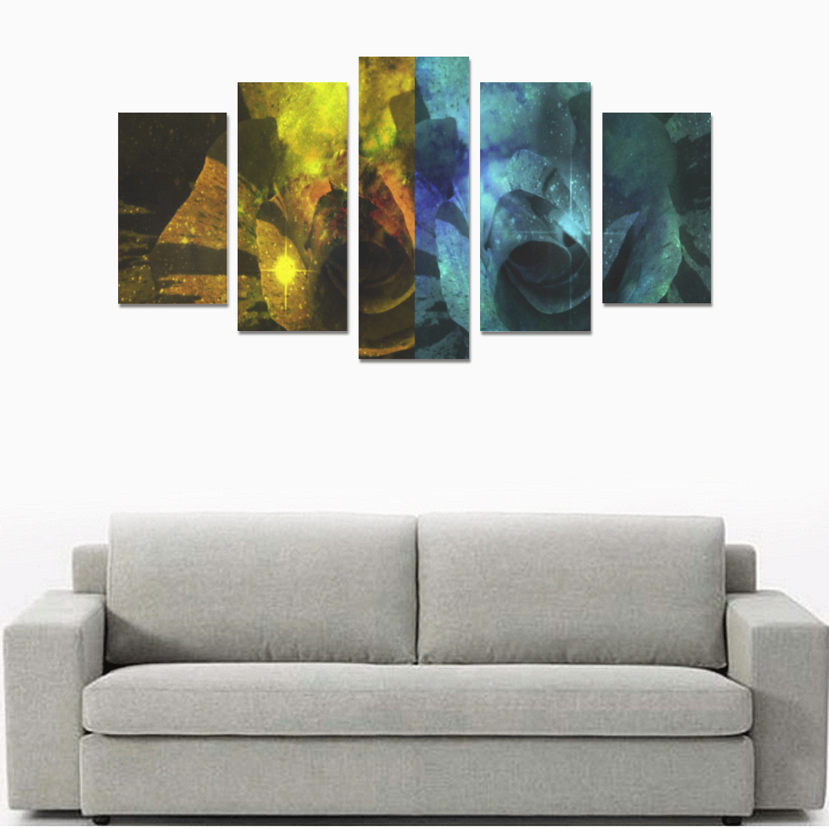 Yellow and Blue Sparkling Rose Canvas Print Sets A (No Frame)