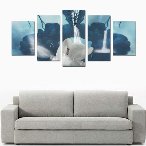 Beautiful swan with waterfalls Canvas Print Sets D (No Frame)