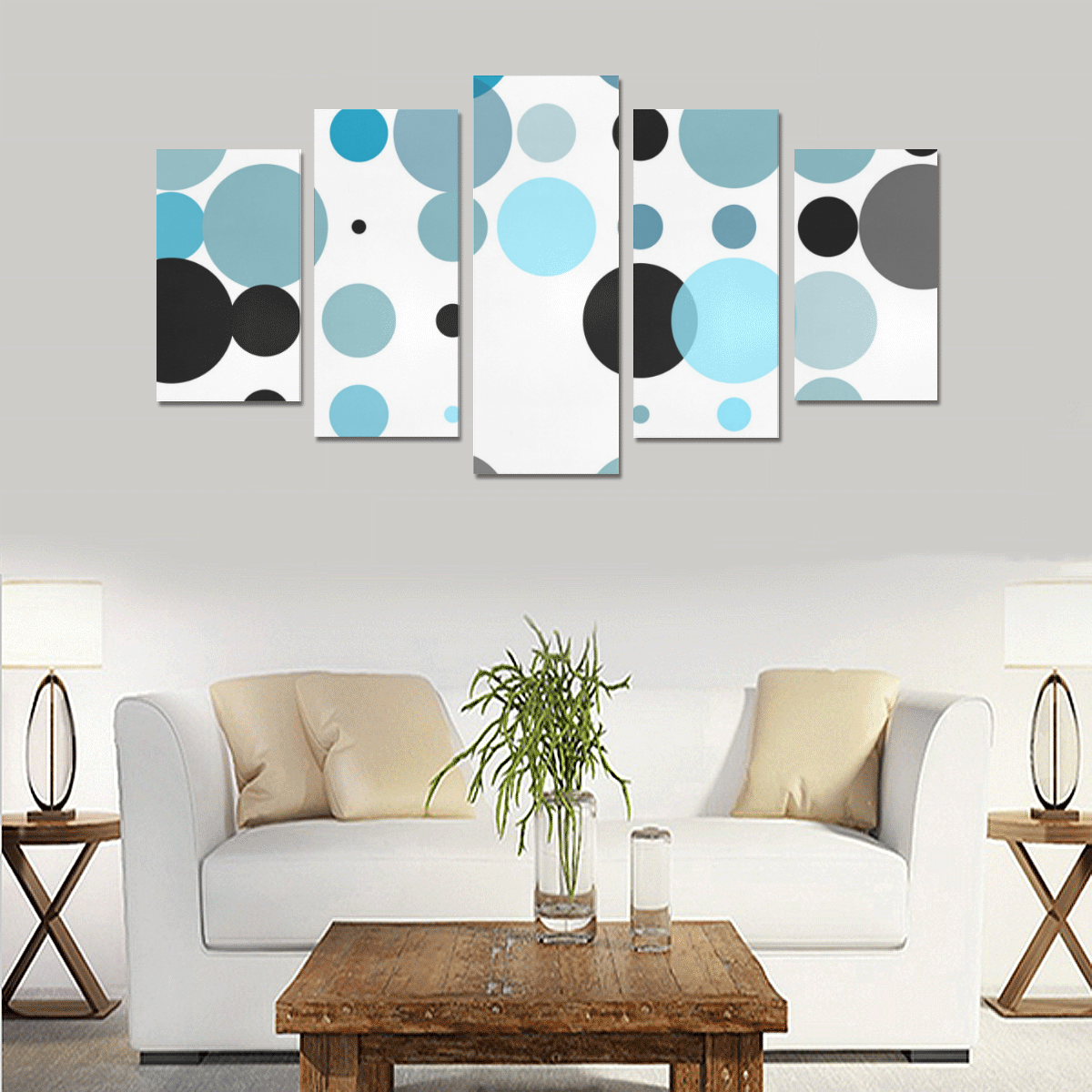 Blue black and gray polka dots Canvas Print Sets A (No Frame)