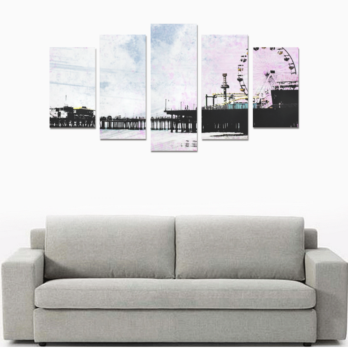 Pink Grunge Santa Monica Pier Canvas Print Sets A (No Frame)