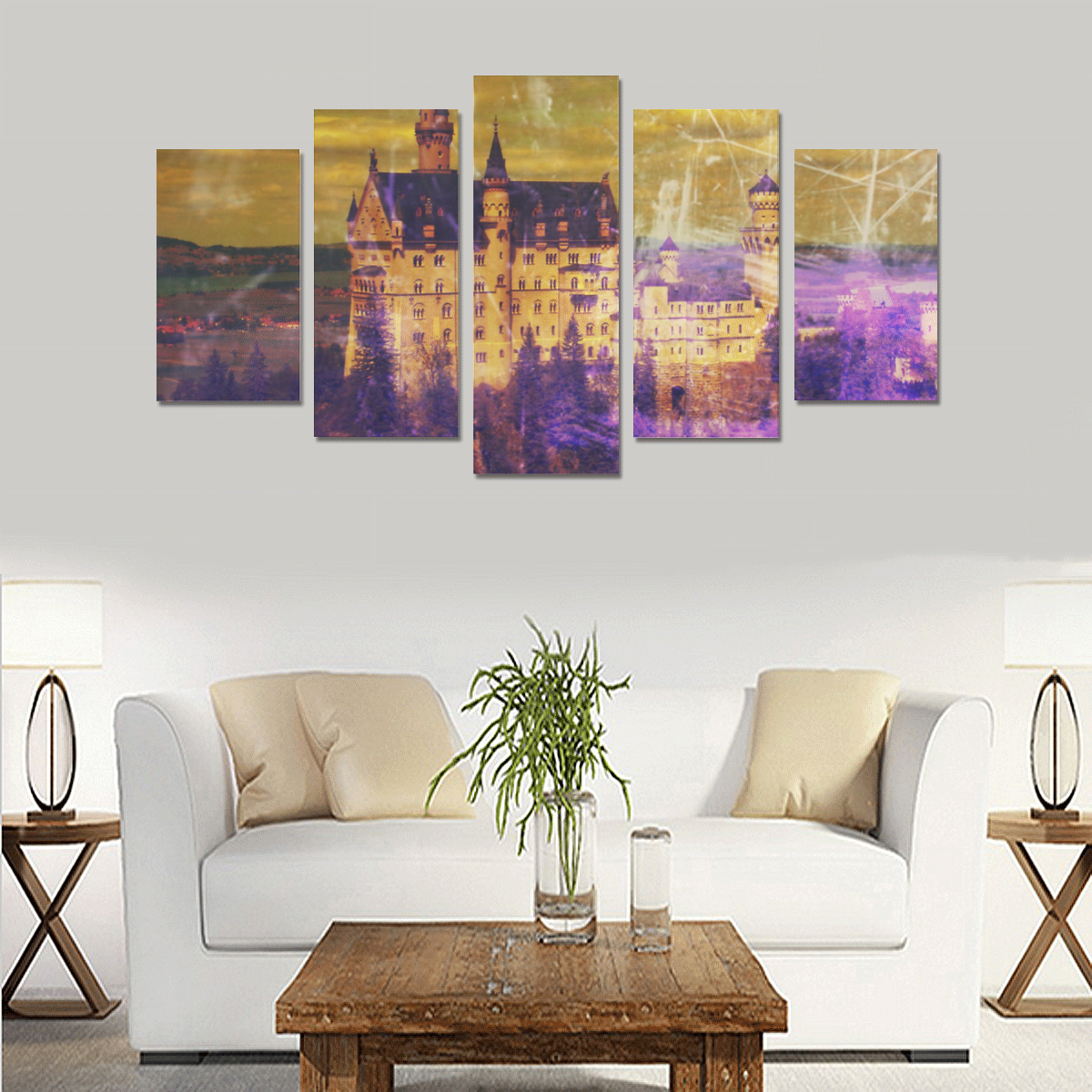 Yellow Purple Neuschwanstein Castle Canvas Print Sets A (No Frame)