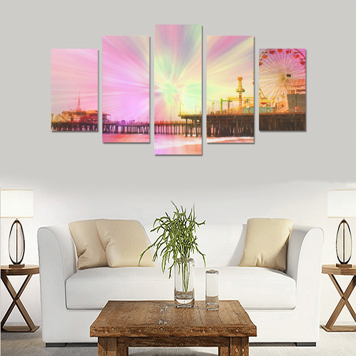Pink Explosion Santa Monica Pier Canvas Print Sets A (No Frame)