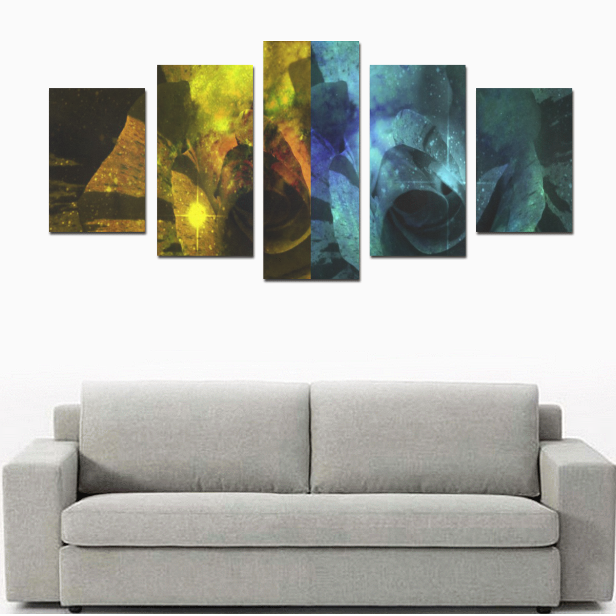 Yellow and Blue Sparkling Rose Canvas Print Sets D (No Frame)