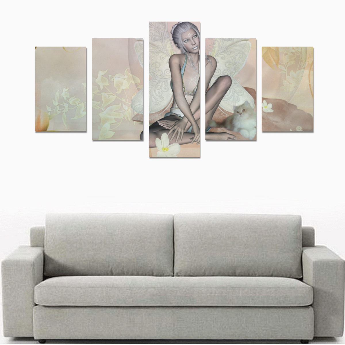 Beautiful fairy with cat Canvas Print Sets C (No Frame)