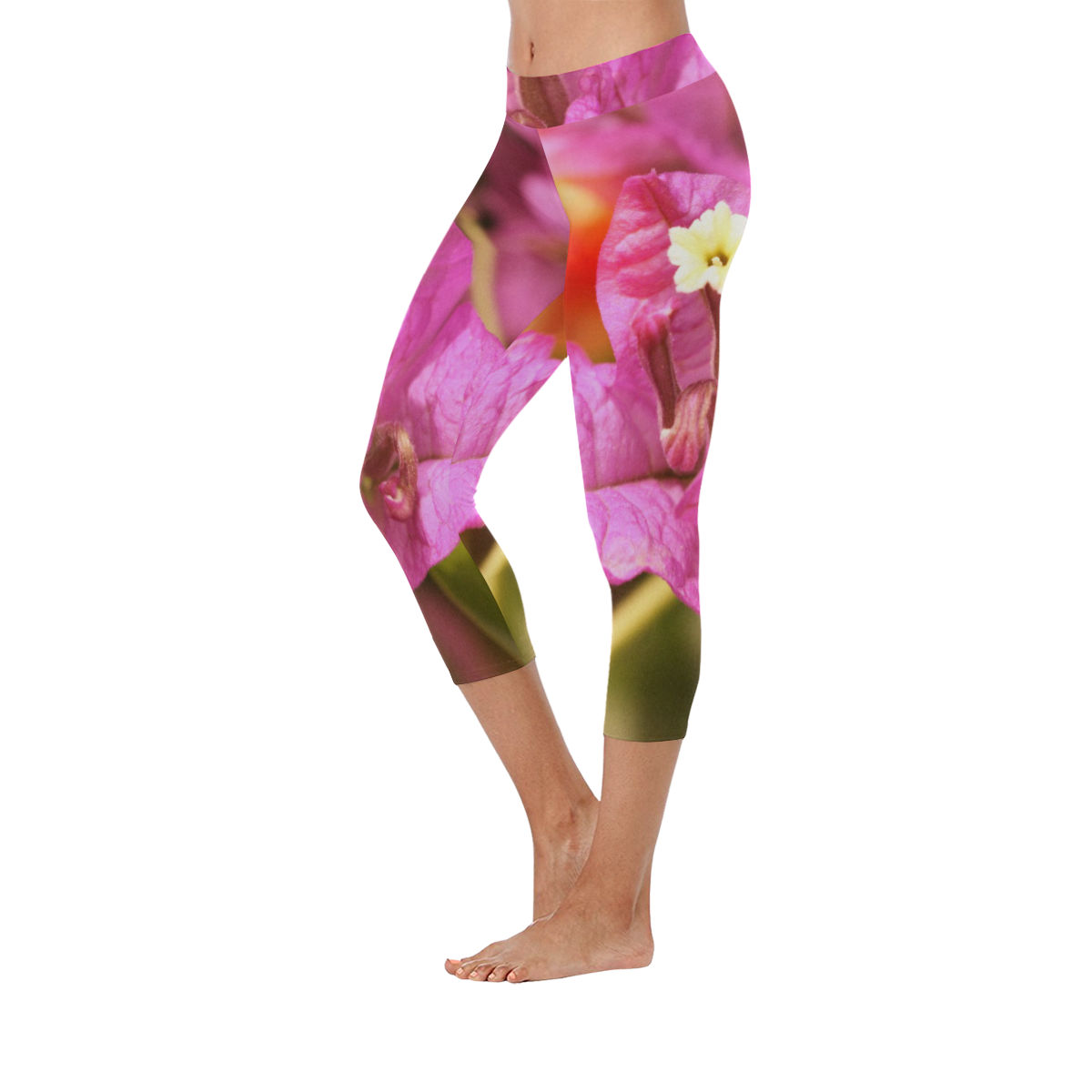 Pink Bougainvillea Flower Blossom Women's Low Rise Capri Leggings (Invisible Stitch) (Model L08)