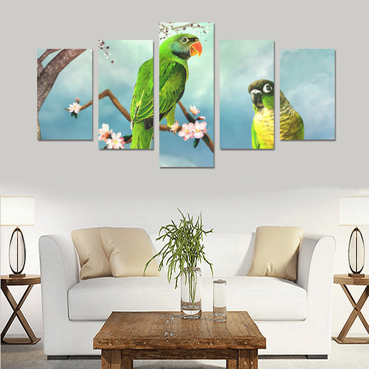 Funny cute parrots Canvas Print Sets C (No Frame)