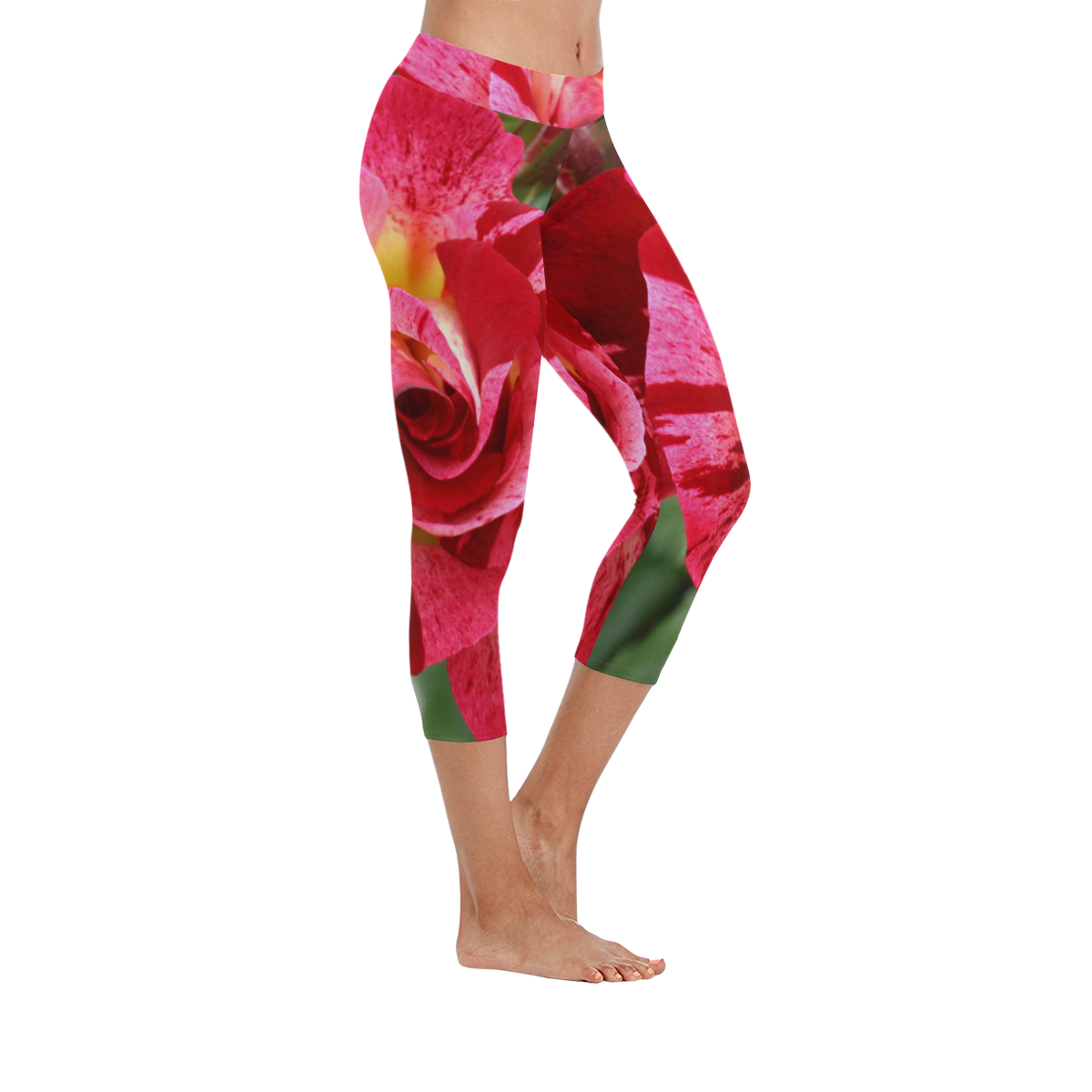 Pink Rose Flower Blossom Women's Low Rise Capri Leggings (Invisible Stitch) (Model L08)