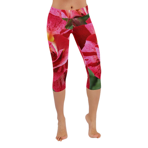 Pink Rose Flower Blossom Women's Low Rise Capri Leggings (Invisible Stitch) (Model L08)