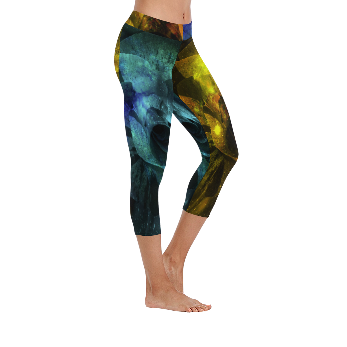 Yellow and Blue Sparkling Rose Women's Low Rise Capri Leggings (Invisible Stitch) (Model L08)