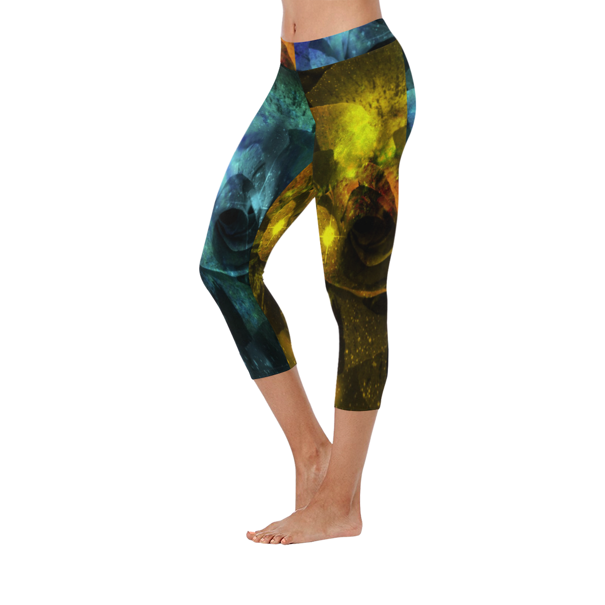 Yellow and Blue Sparkling Rose Women's Low Rise Capri Leggings (Invisible Stitch) (Model L08)