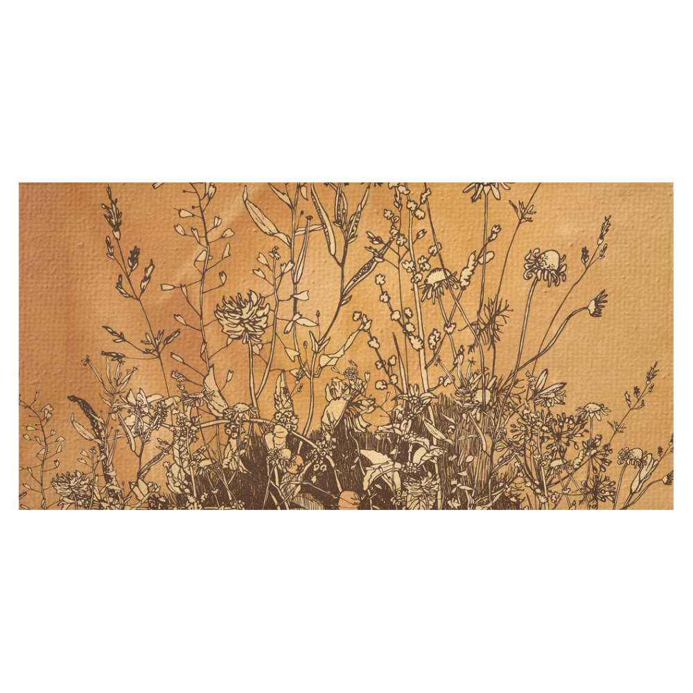 Brown flowers, vintage Cotton Linen Tablecloth 60"x120"