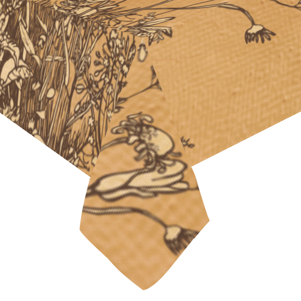 Brown flowers, vintage Cotton Linen Tablecloth 60"x120"