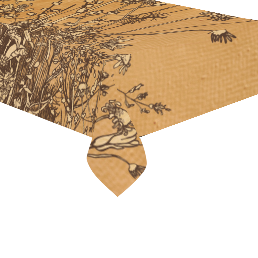 Brown flowers, vintage Cotton Linen Tablecloth 60"x120"