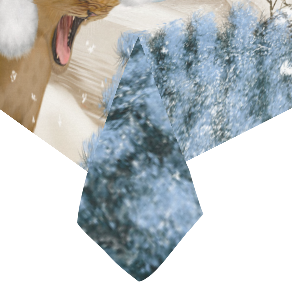 Christmas cute little lion with christmas hat Cotton Linen Tablecloth 60"x120"