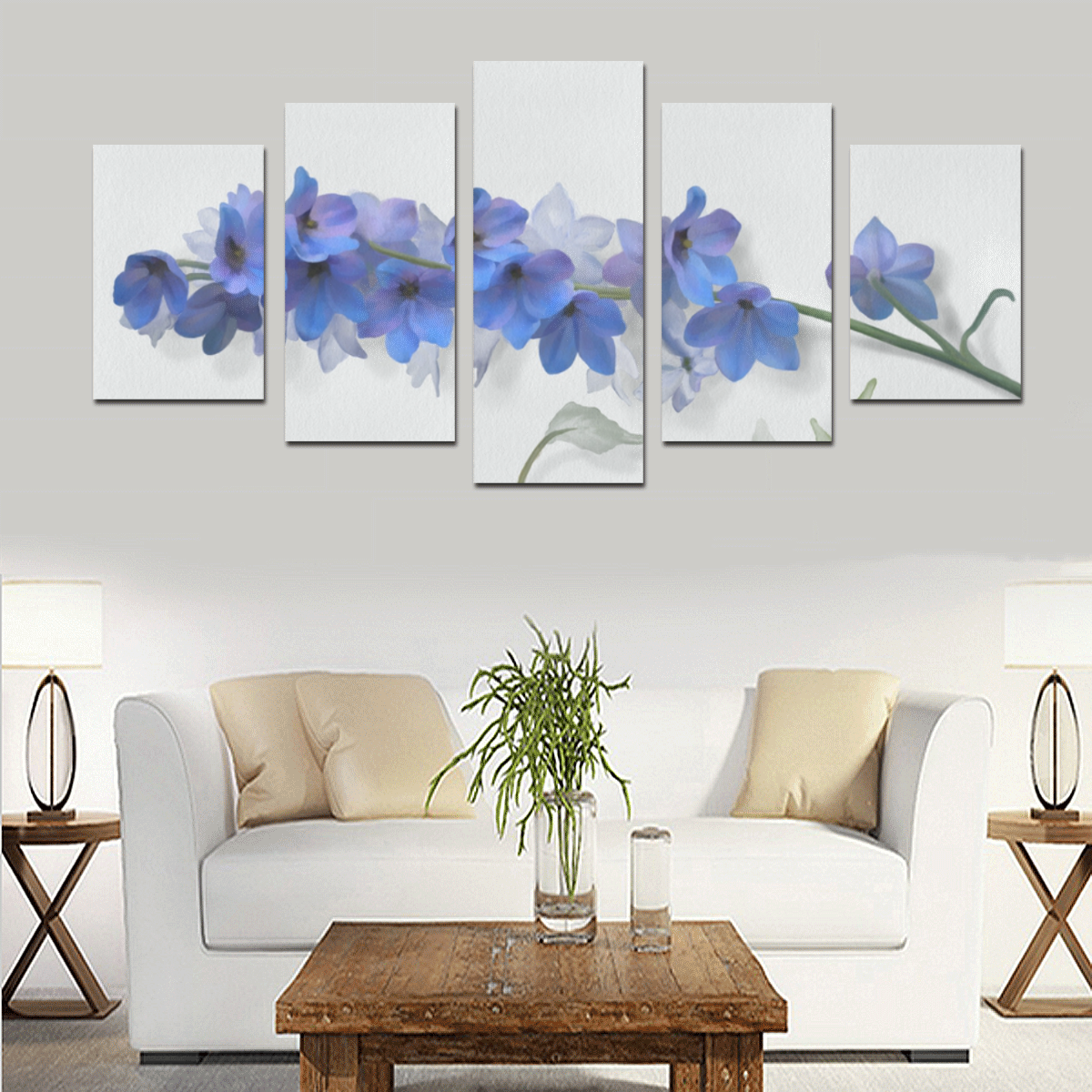 Blue - purple Consolida, floral watercolor Canvas Print Sets D (No Frame)