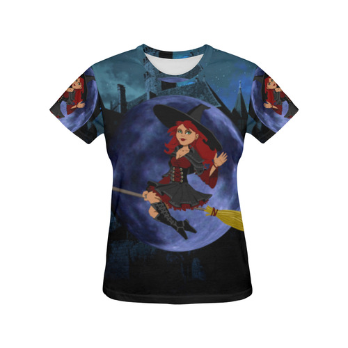 Witch and Blue Moon All Over Print T-Shirt for Women (USA Size) (Model T40)