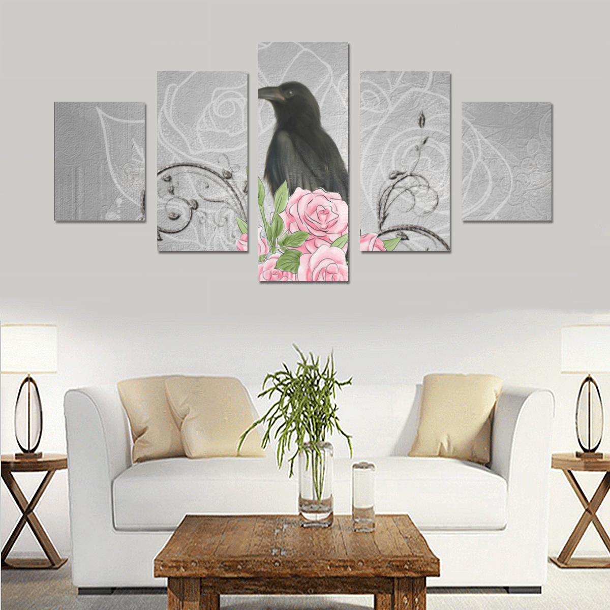 The crow with roses Canvas Print Sets B (No Frame)