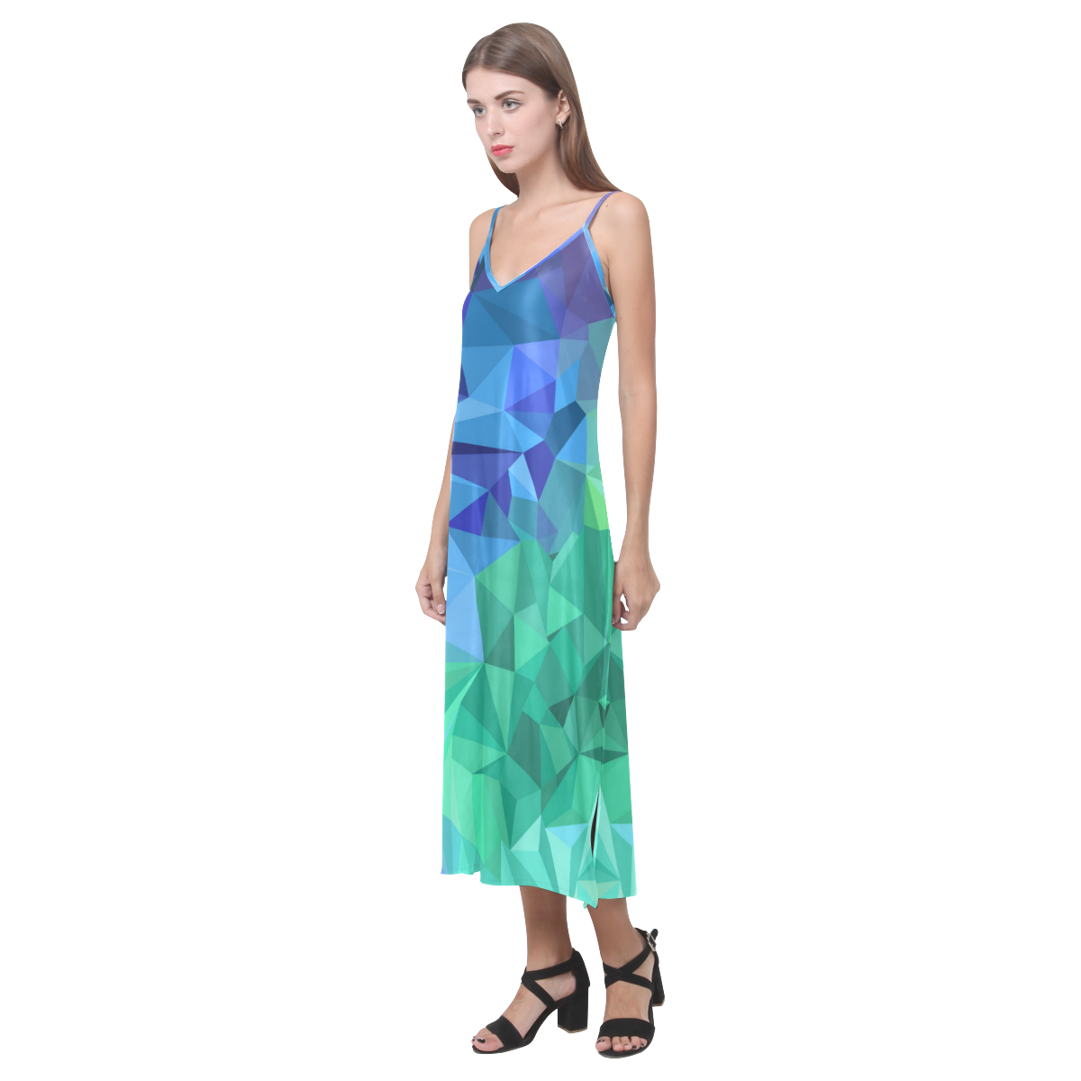 Ocean Crystals V-Neck Open Fork Long Dress(Model D18)