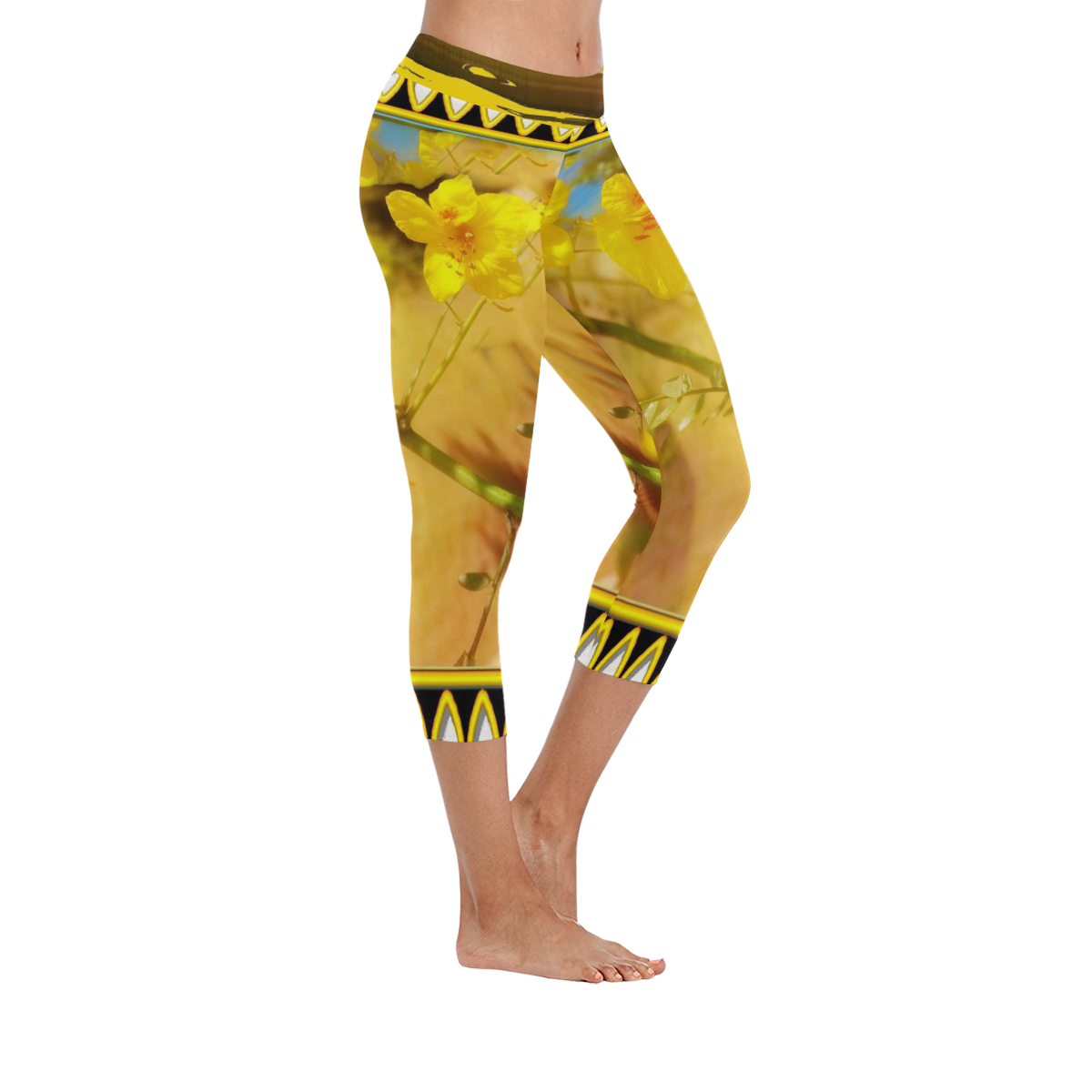 Yellow flowers Women's Low Rise Capri Leggings (Invisible Stitch) (Model L08)