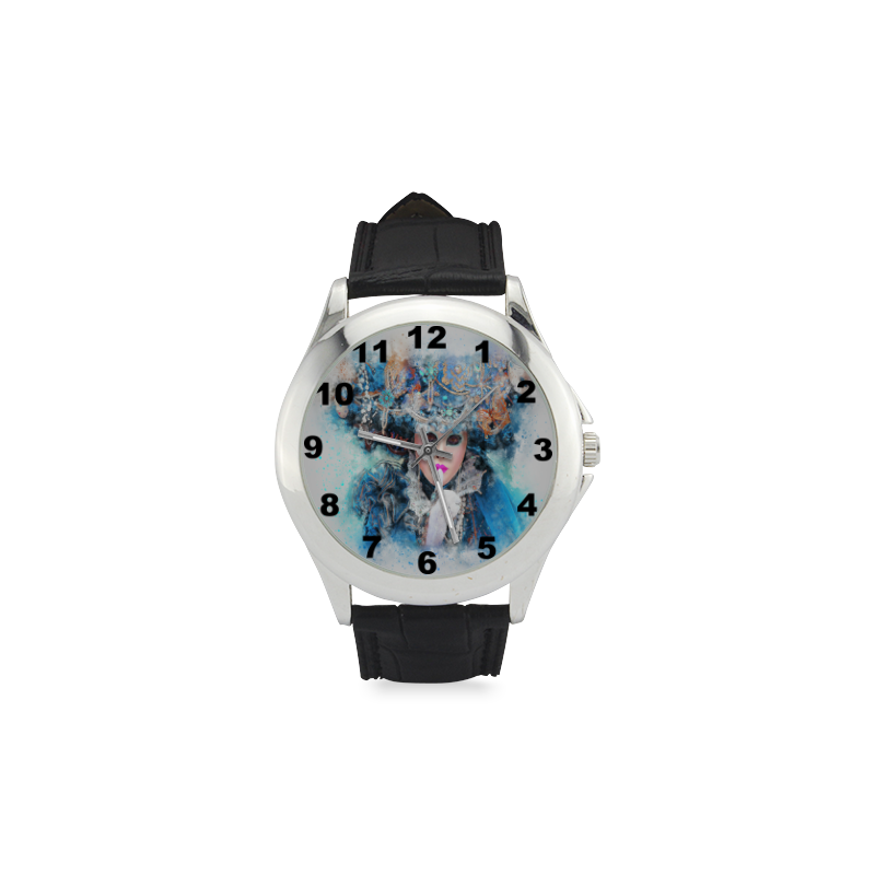 Fabulous Masquerade Carnival Mask Turquoise Women's Classic Leather Strap Watch(Model 203)