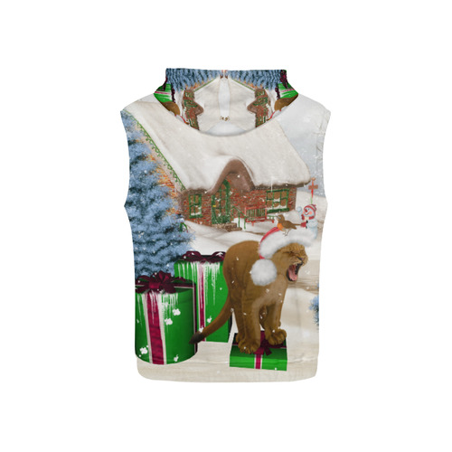 Christmas cute little lion with christmas hat All Over Print Sleeveless Hoodie for Kid (Model H15)