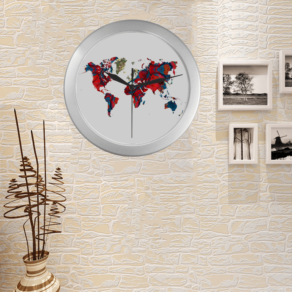 map of the world Silver Color Wall Clock