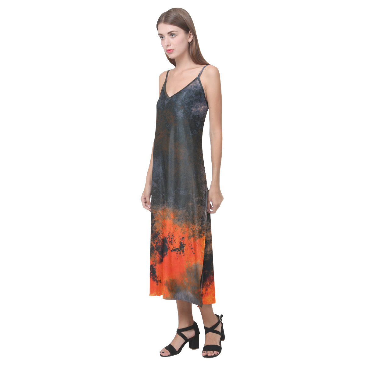 abstraction colors V-Neck Open Fork Long Dress(Model D18)
