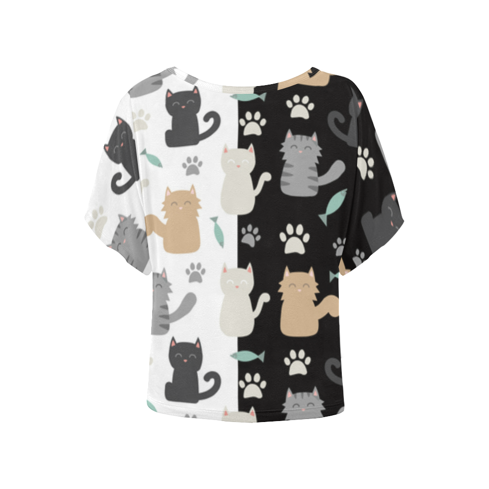 black and white cat Women's Batwing-Sleeved Blouse T shirt (Model T44)