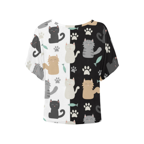 black and white cat Women's Batwing-Sleeved Blouse T shirt (Model T44)