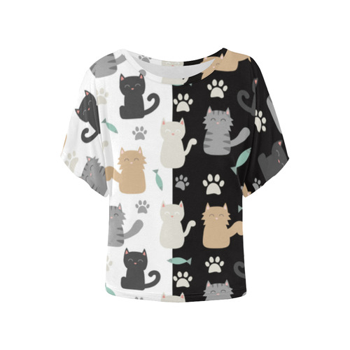 black and white cat Women's Batwing-Sleeved Blouse T shirt (Model T44)