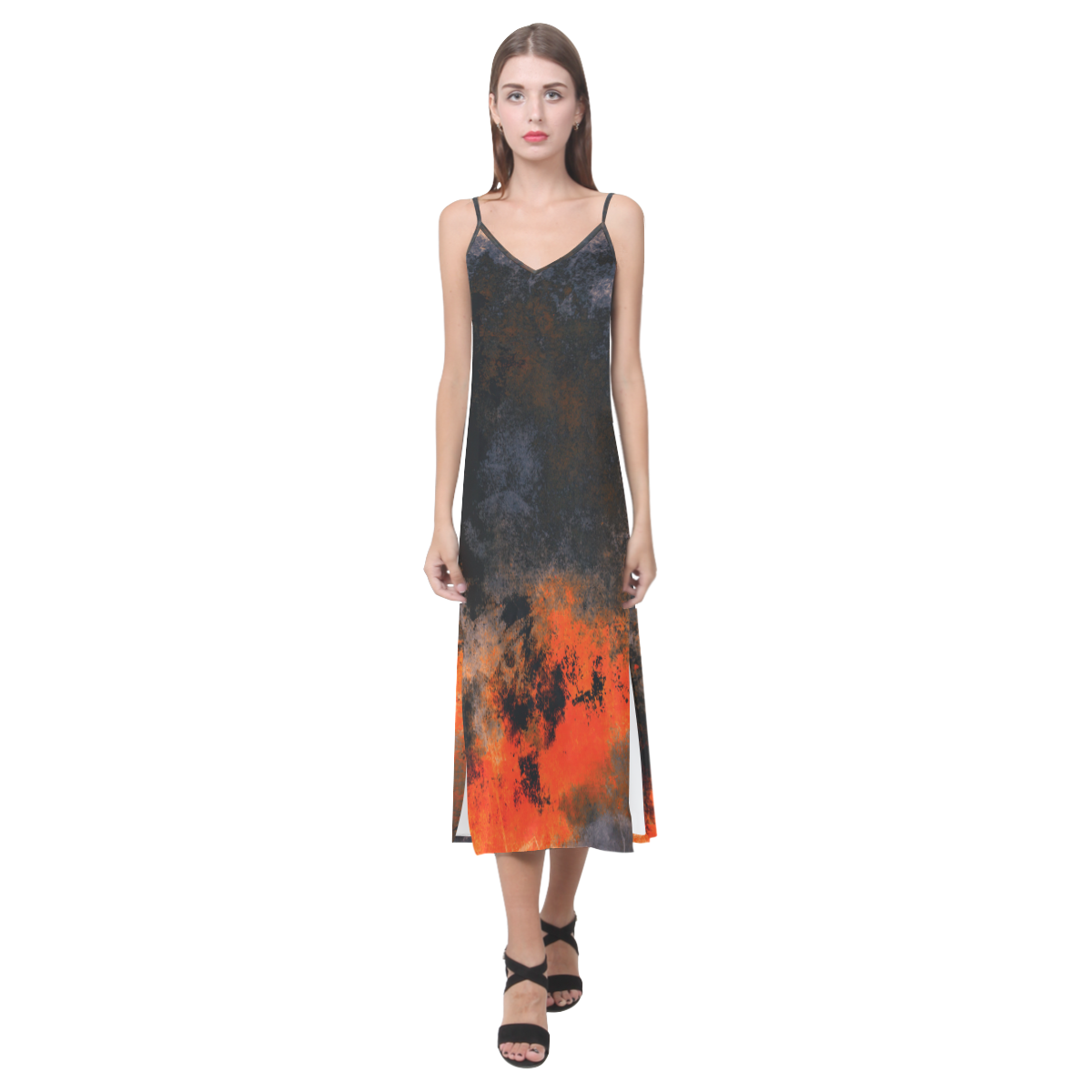 abstraction colors V-Neck Open Fork Long Dress(Model D18)
