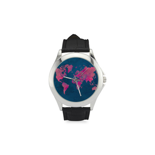 map of the world Women's Classic Leather Strap Watch(Model 203)