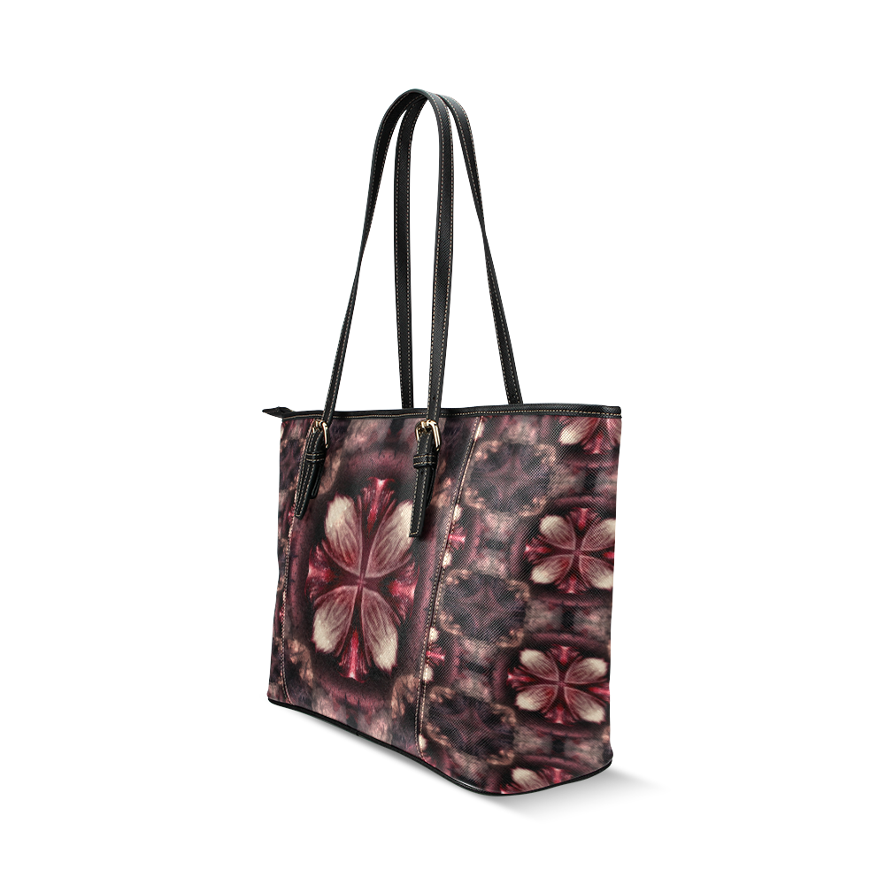 burgundy fractal combo leather tote Leather Tote Bag/Small (Model 1640)