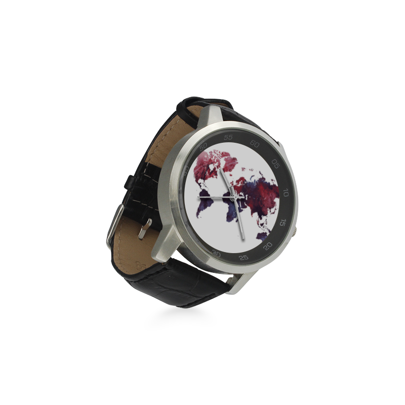 map of the world Unisex Stainless Steel Leather Strap Watch(Model 202)