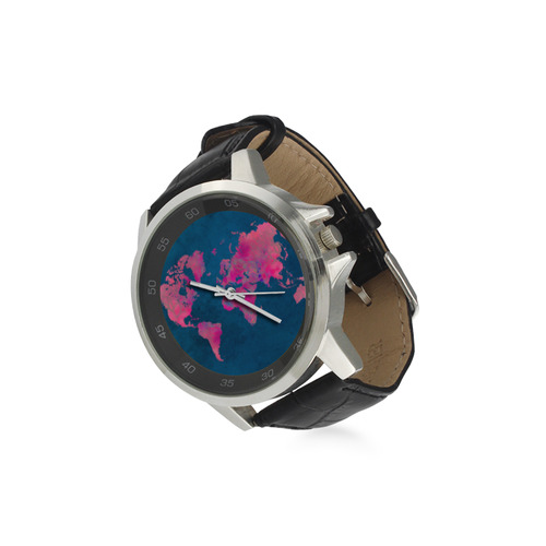 map of the world Unisex Stainless Steel Leather Strap Watch(Model 202)