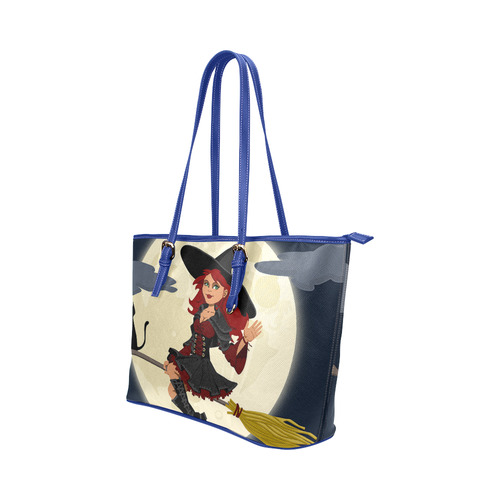 Funny Witch and Cat Leather Tote Bag/Large (Model 1651)