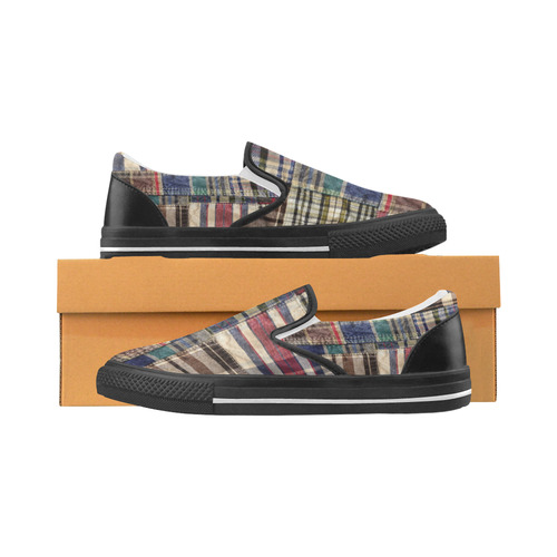 patchwork plaid / tartan with black and white trim Men's Slip-on Canvas Shoes (Model 019)