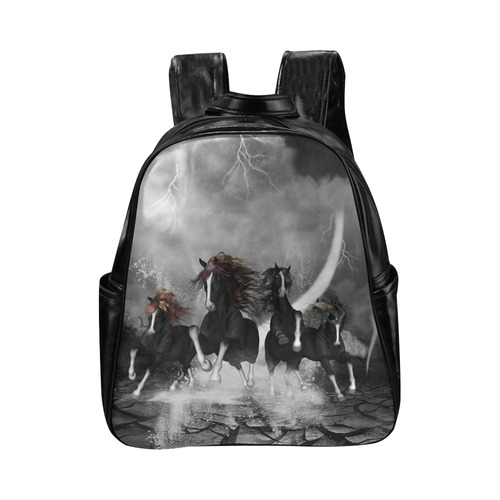 Awesome running black horses Multi-Pockets Backpack (Model 1636)