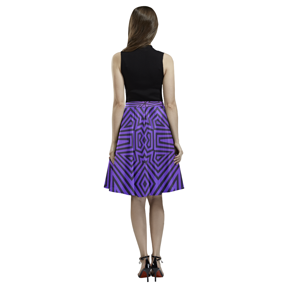 Purple-Black Tribal Pattern Melete Pleated Midi Skirt (Model D15)