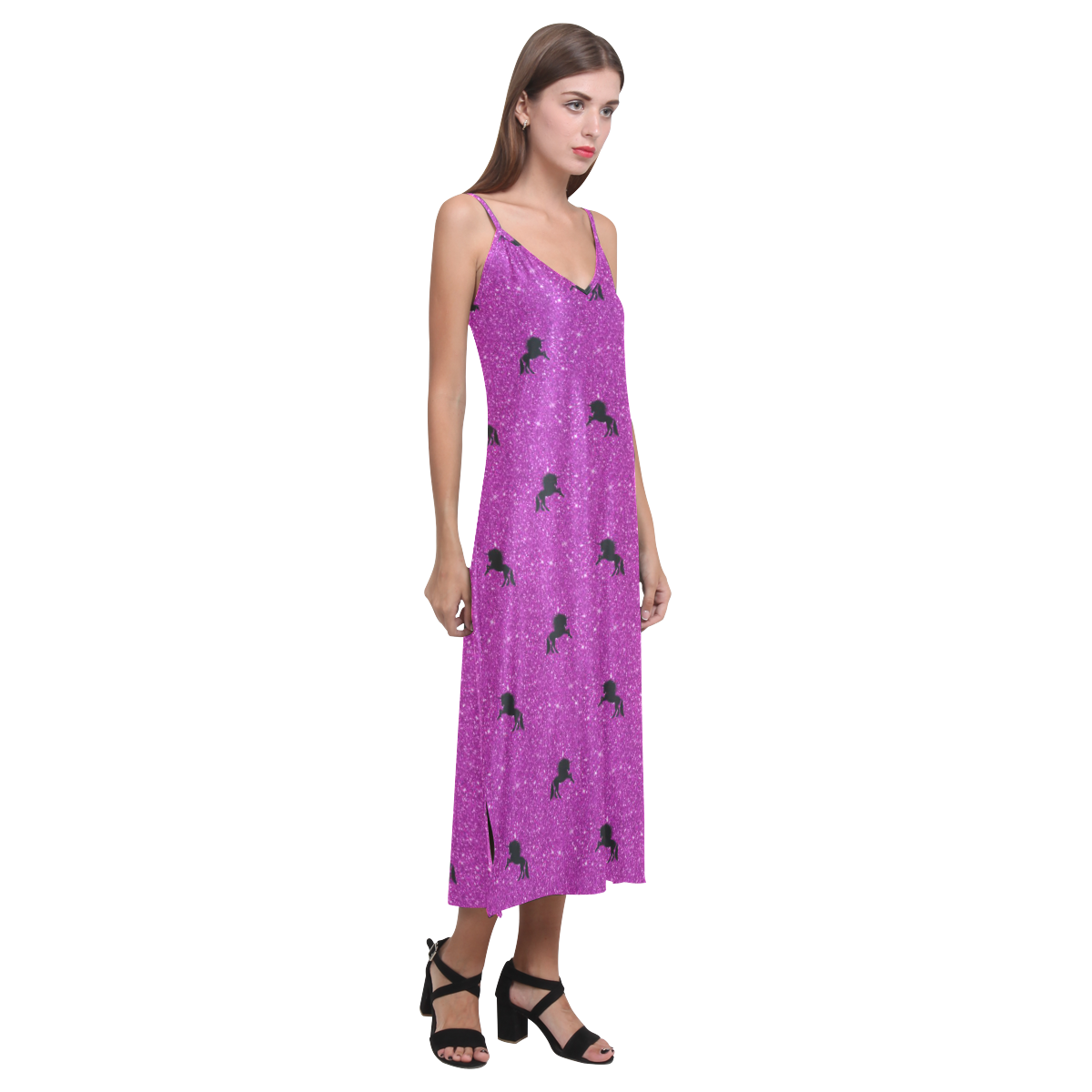 unicorn pattern pink by JamColors V-Neck Open Fork Long Dress(Model D18)