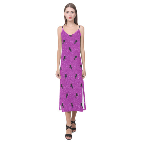 unicorn pattern pink by JamColors V-Neck Open Fork Long Dress(Model D18)