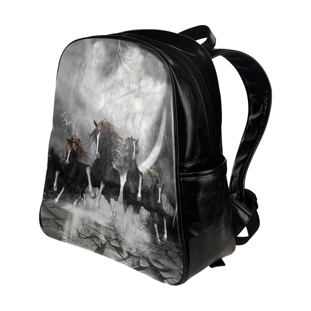 Awesome running black horses Multi-Pockets Backpack (Model 1636)