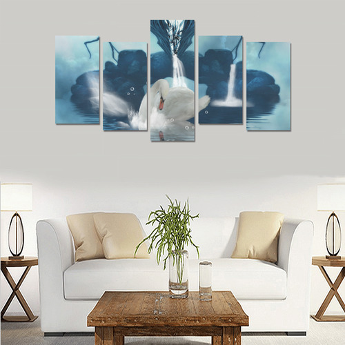 Beautiful swan with waterfalls Canvas Print Sets E (No Frame)