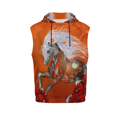 Wonderful steampunk horse, red white All Over Print Sleeveless Hoodie for Women (Model H15)