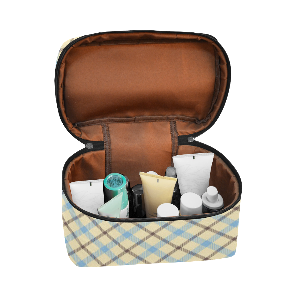 Plaid 2 diagonal with cream, brown and baby blue Cosmetic Bag/Large (Model 1658)