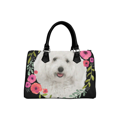 Cute White Puppy Pink Floral Garland Boston Handbag (Model 1621)