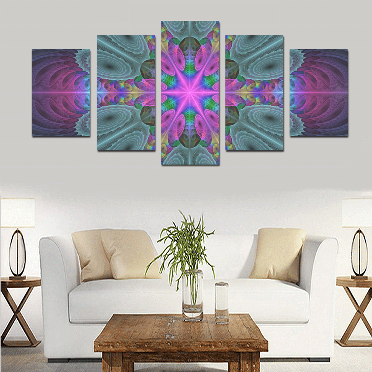 Mandala From Center Colorful Fractal Art With Pink Canvas Print Sets D (No Frame)